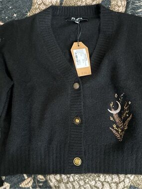 Disturbia Black V-Neck Cardigan with Gold Moon & Botanical Embroidery